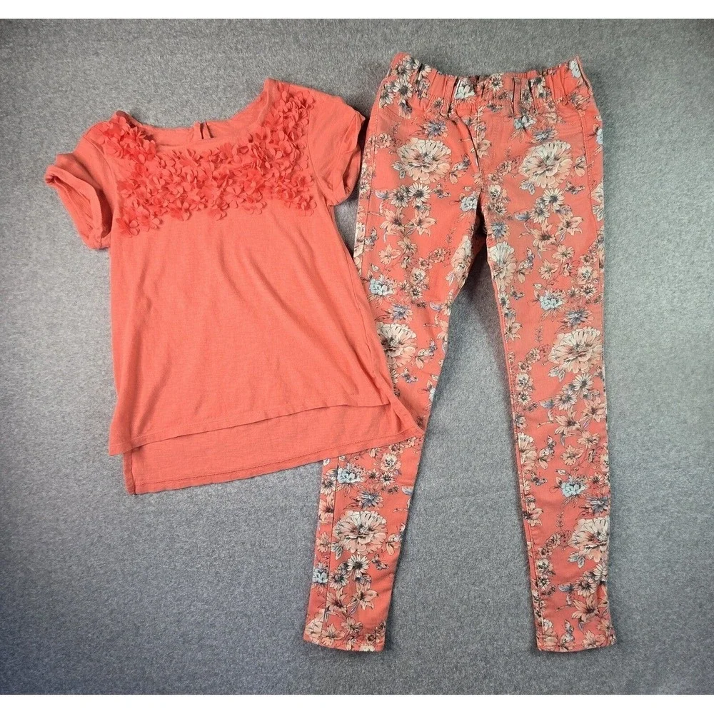 GapKids 2 Piece Outfit Girls XL 12 Coral Pink Floral Applique Top & Skinny Jeans